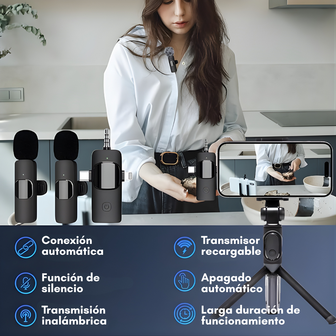 MICRÓFONO INALÁMBRICO LAVALIER 3 EN 1 – Audio claro, conexión versátil y grabaciones profesionales sin cables