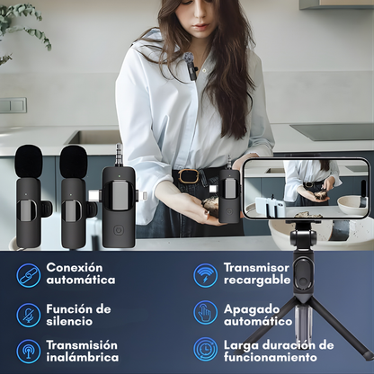 MICRÓFONO INALÁMBRICO LAVALIER 3 EN 1 – Audio claro, conexión versátil y grabaciones profesionales sin cables