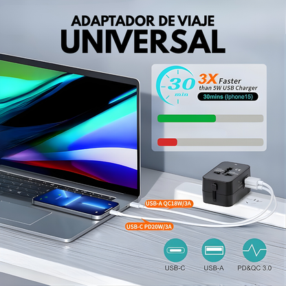 ADAPTADOR DE VIAJE UNIVERSAL – Conexión global, carga segura y energía confiable en cualquier destino