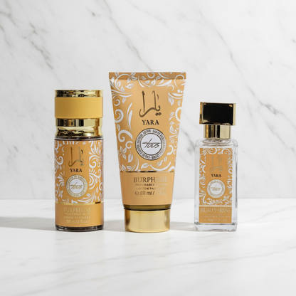 SET DE YARA – 1 CREMA + 1 SPLASH + 1 PERFUME (KIT COMPLETO 3 PZS) – Fragancia duradera, brillo femenino y una experiencia completa de cuidado y aroma
