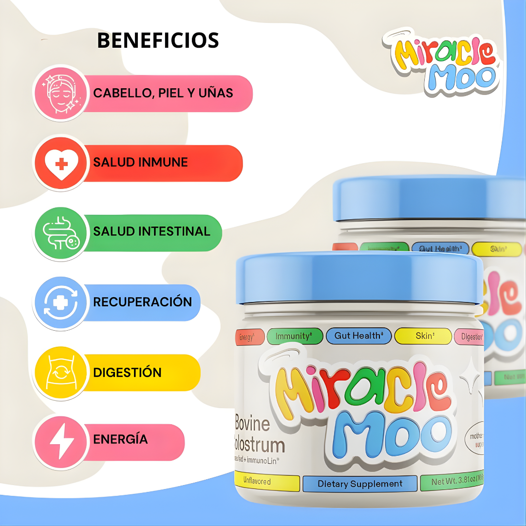 MIRACLE MOO CALOSTRO BOVINO – Abdomen más plano, digestión equilibrada y bienestar femenino desde adentro