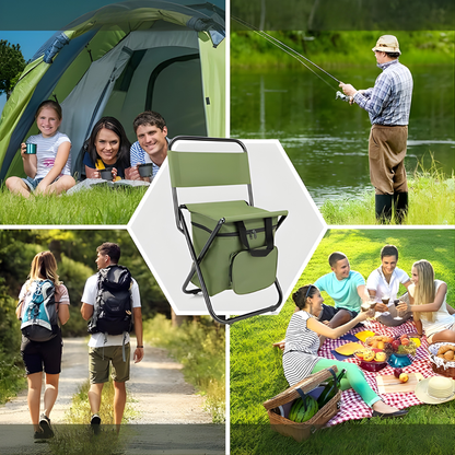 SILLA PLEGABLE CON BOLSO – Comodidad portátil, almacenamiento práctico y descanso en cualquier lugar