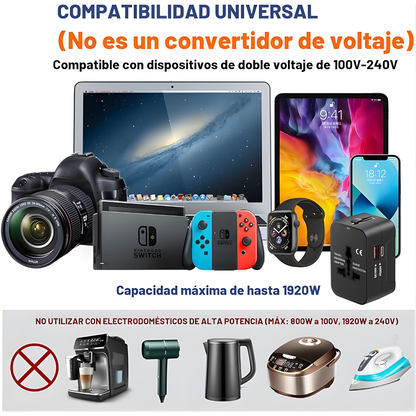 ADAPTADOR DE VIAJE UNIVERSAL – Conexión global, carga segura y energía confiable en cualquier destino