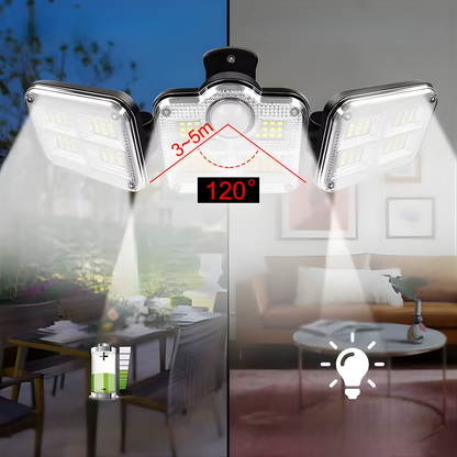 LÁMPARA SOLAR 3 FOCOS CON SENSOR – Iluminación potente, detección automática y ahorro energético total