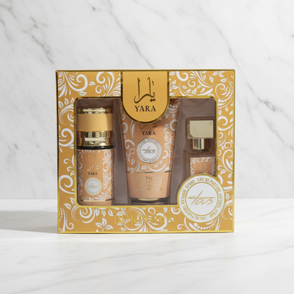 SET DE YARA – 1 CREMA + 1 SPLASH + 1 PERFUME (KIT COMPLETO 3 PZS) – Fragancia duradera, brillo femenino y una experiencia completa de cuidado y aroma