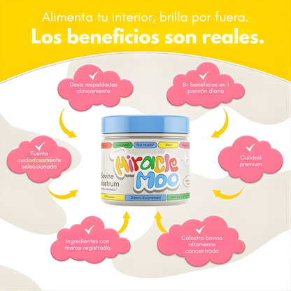 MIRACLE MOO CALOSTRO BOVINO – Abdomen más plano, digestión equilibrada y bienestar femenino desde adentro