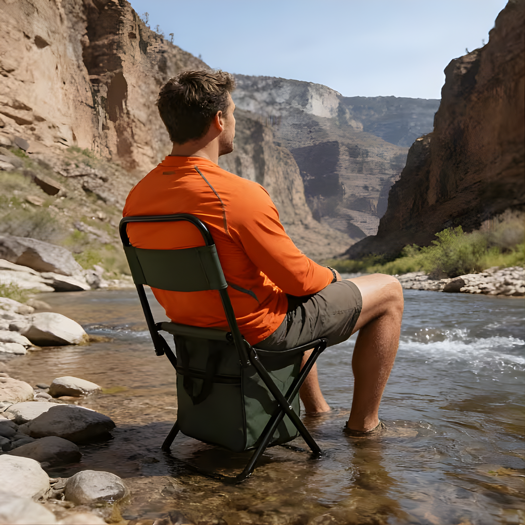 SILLA PLEGABLE CON BOLSO – Comodidad portátil, almacenamiento práctico y descanso en cualquier lugar