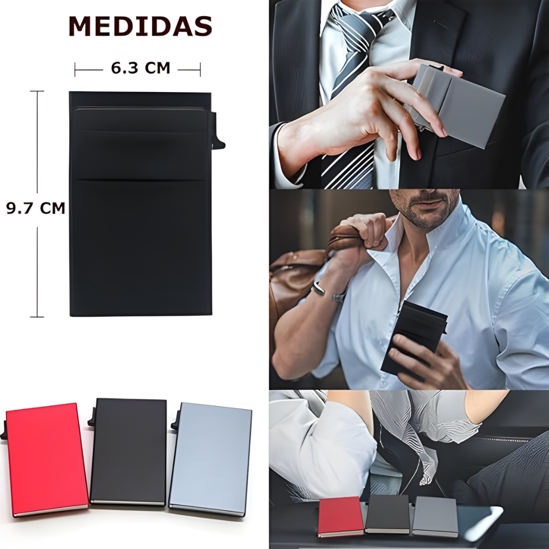 PORTA TARJETAS DE ALUMINIO NEGRO – Protección total, diseño delgado y acceso rápido a tus tarjetas