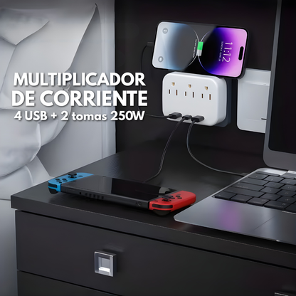 MULTIPLICADOR DE CORRIENTE 4 USB + 2 TOMAS 250W – Más conexiones, carga simultánea y protección inteligente en un solo dispositivo