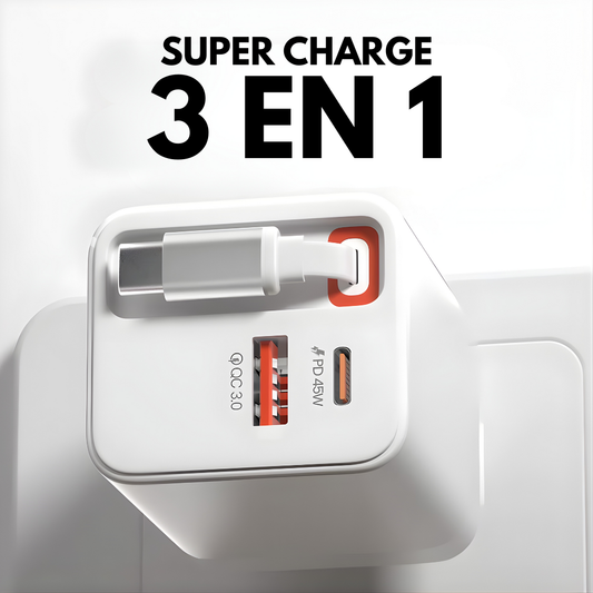 SUPER CHARGE 3 IN 1 – Carga rápida 65W, un solo cable y energía inteligente para todos tus dispositivos