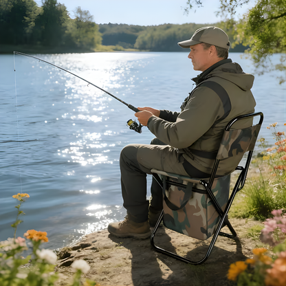 SILLA PLEGABLE CON BOLSO – Comodidad portátil, almacenamiento práctico y descanso en cualquier lugar