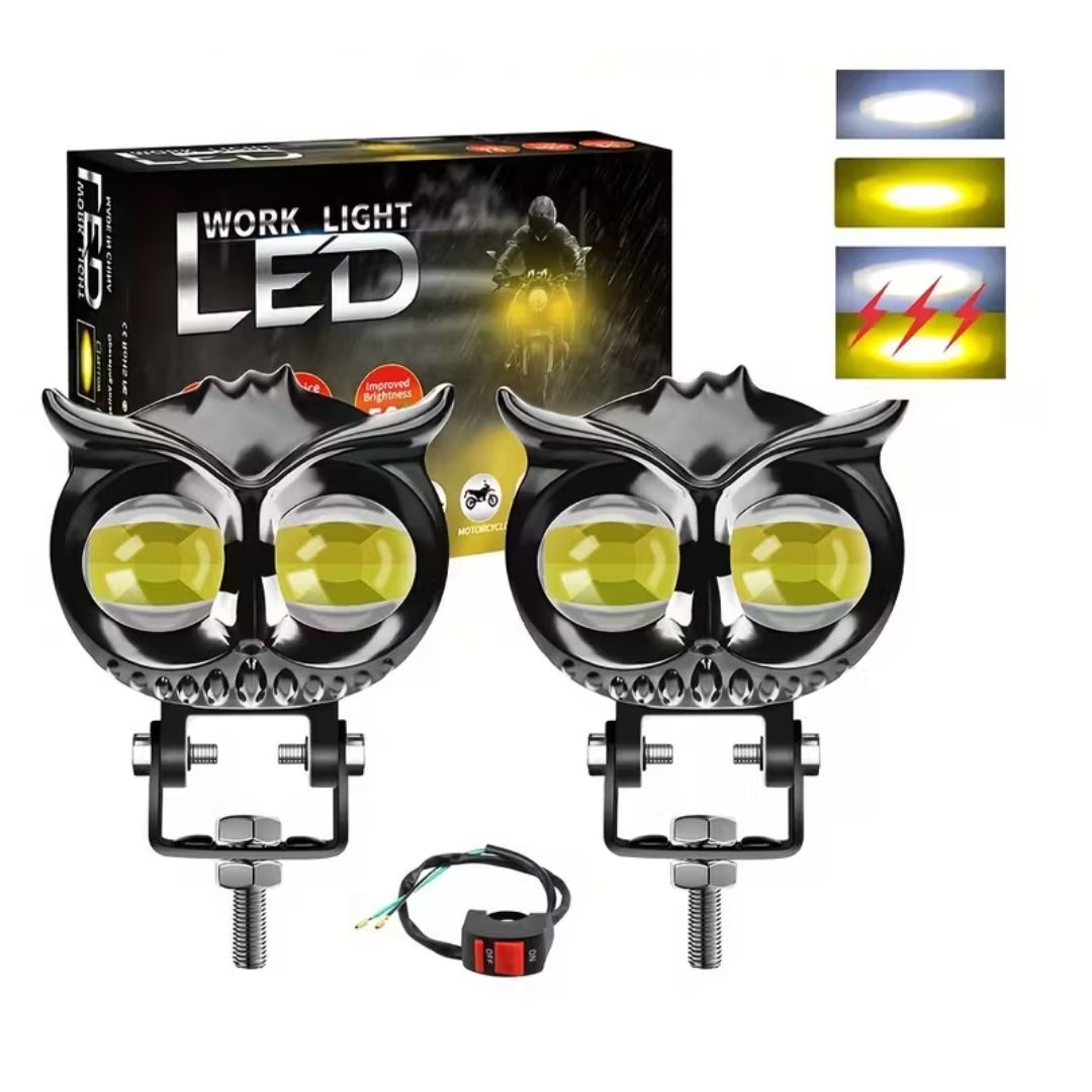 LUZ LED ANTINEBLINA PARA MOTO BICOLOR ESTILO BÚHO – Potencia, seguridad y estilo en cada recorrido
