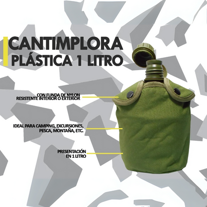 Cantimplora Militar - Diseñada para el campo: estructura militar, funda térmica y jarro metálico incluidos.