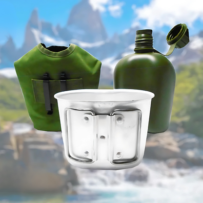 Cantimplora Militar - Diseñada para el campo: estructura militar, funda térmica y jarro metálico incluidos.