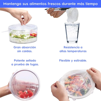 6 Tapas elásticas SealGuard – Sella, protege y olvídate de los derrames.